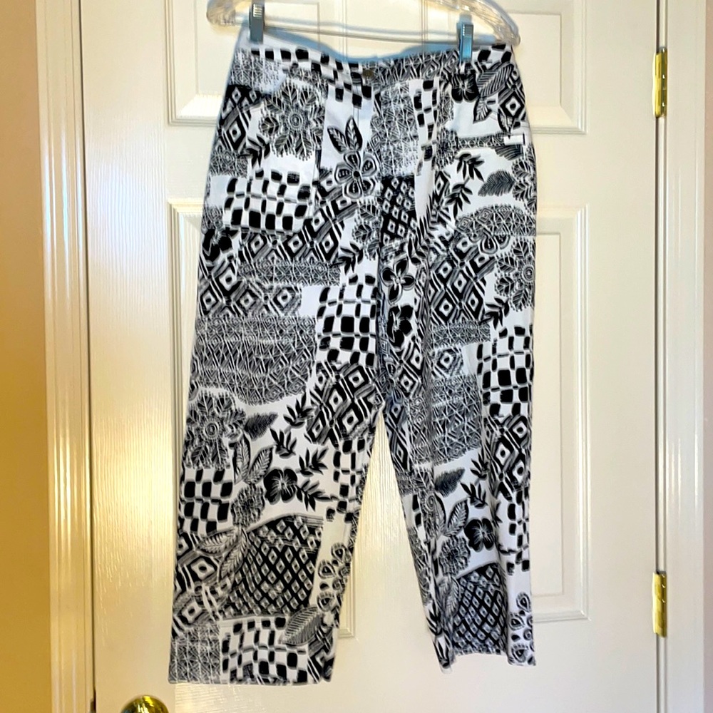 Chico’s black & white asymmetrical pants